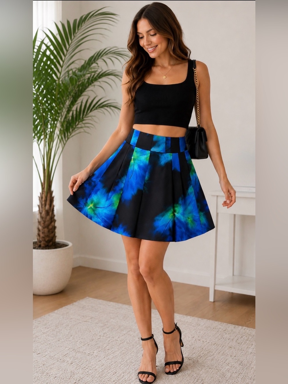 Bold, Water Color, Satin, Blue, Black & Green,  A-Line Skirt w/ Lining - size 6